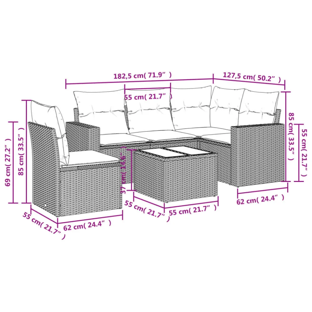 Set Divani da Giardino 6 pz con Cuscini Marrone Polyrattan con Rivestimento Tessuto