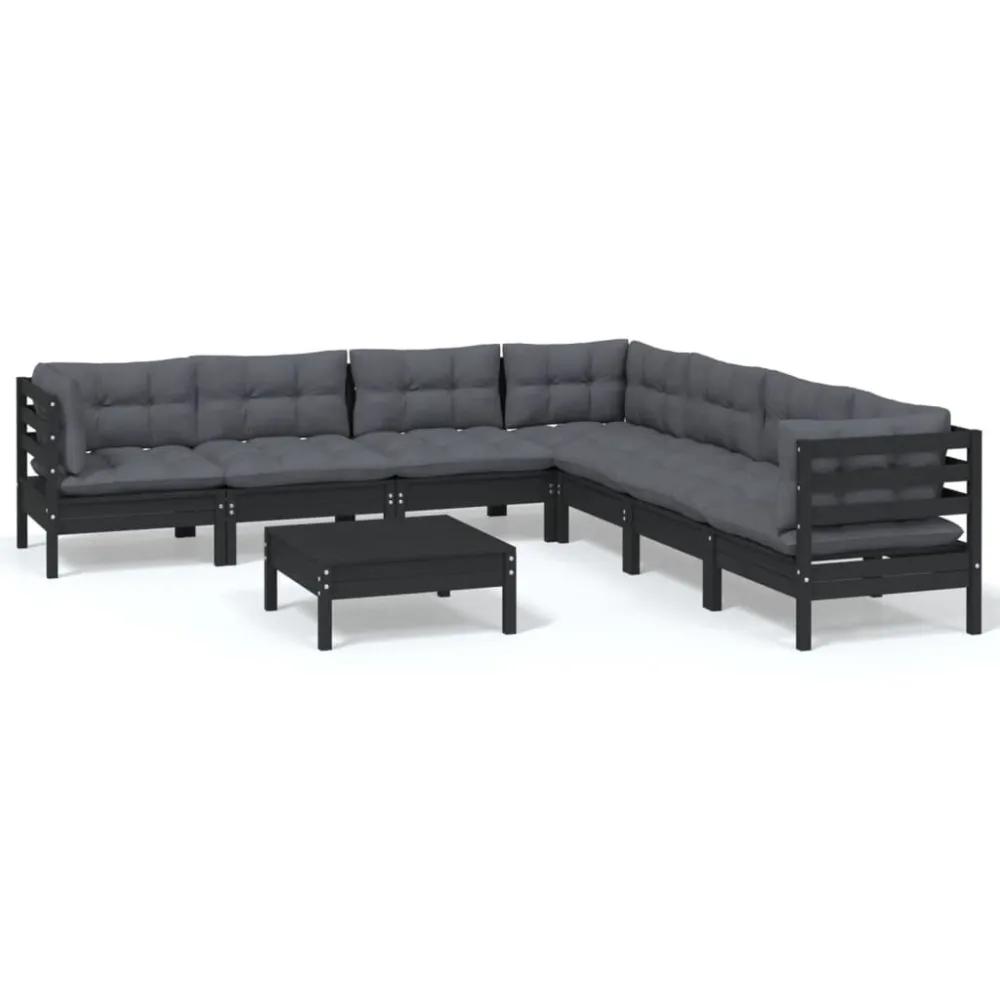 Set Divani da Giardino 8 pz con Cuscini Neri Legno di Pino con Schienale Regolabile