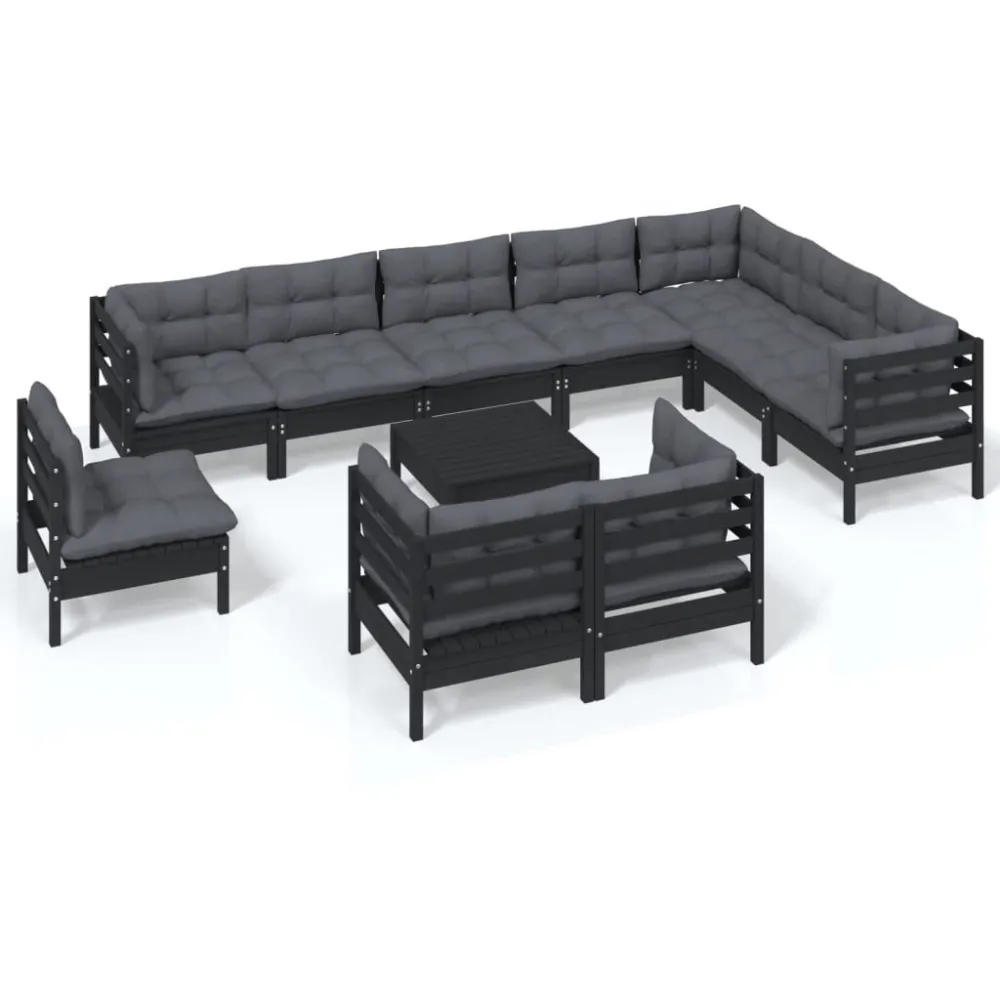 Set Divani da Giardino 11 pz con Cuscini Neri Massello di Pino - Impermeabile e UV Resistente