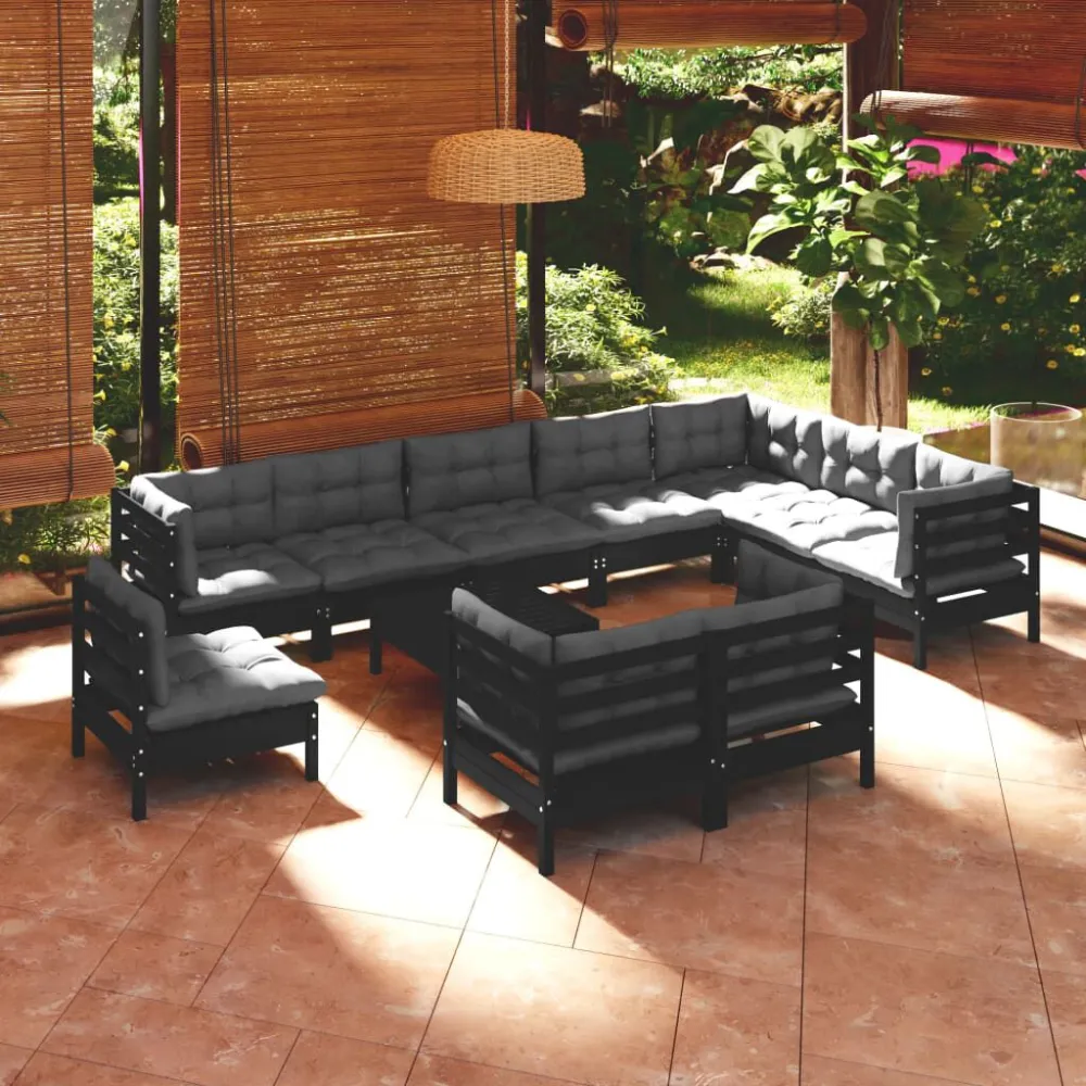Set Divani da Giardino 11 pz con Cuscini Neri Massello di Pino - Impermeabile e UV Resistente