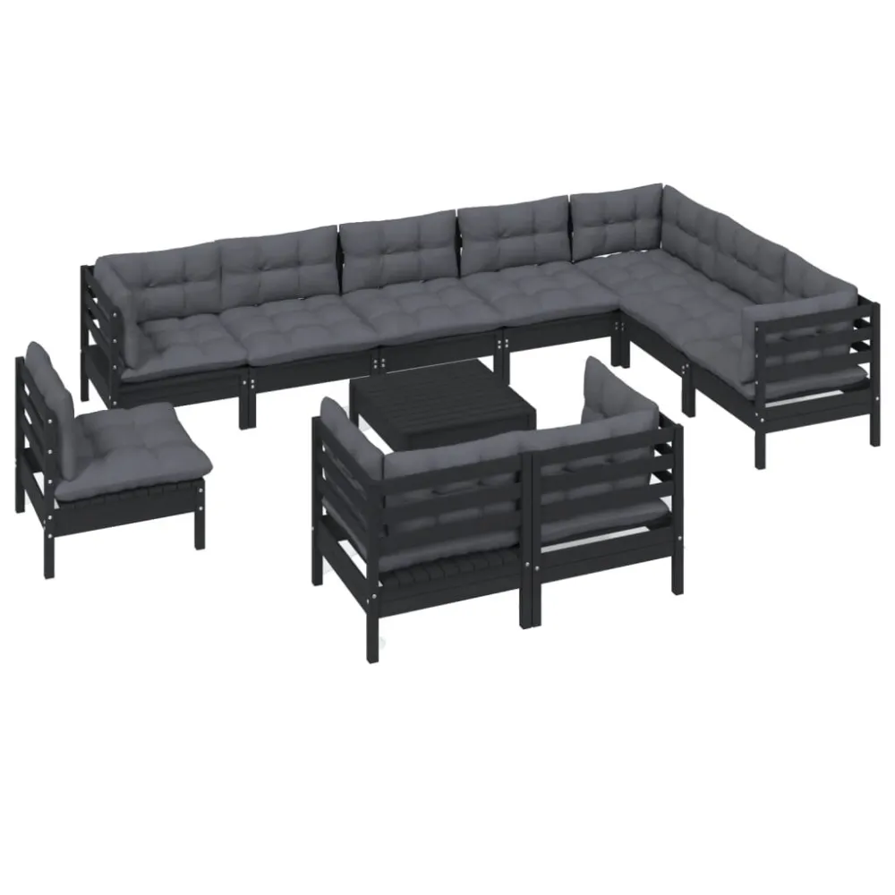 Set Divani da Giardino 11 pz con Cuscini Neri Massello di Pino - Impermeabile e UV Resistente
