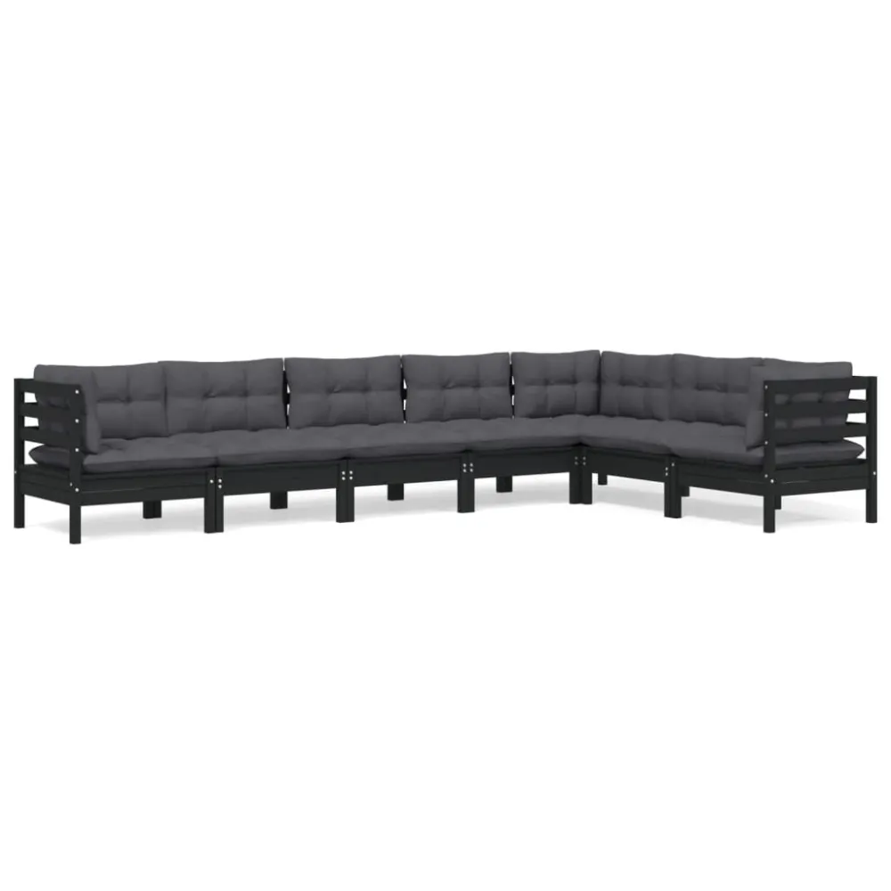 Set Divani da Giardino 7 pz con Cuscini Neri Massello di Pino con Rivestimento Tessuto