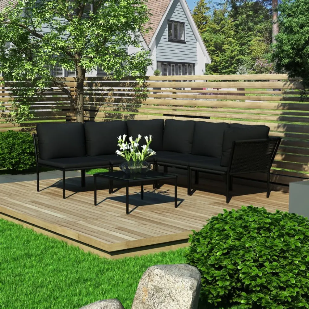 Set Divani da Giardino 6 pz con Cuscini Neri PVC Materiale Alluminio Anodizzato