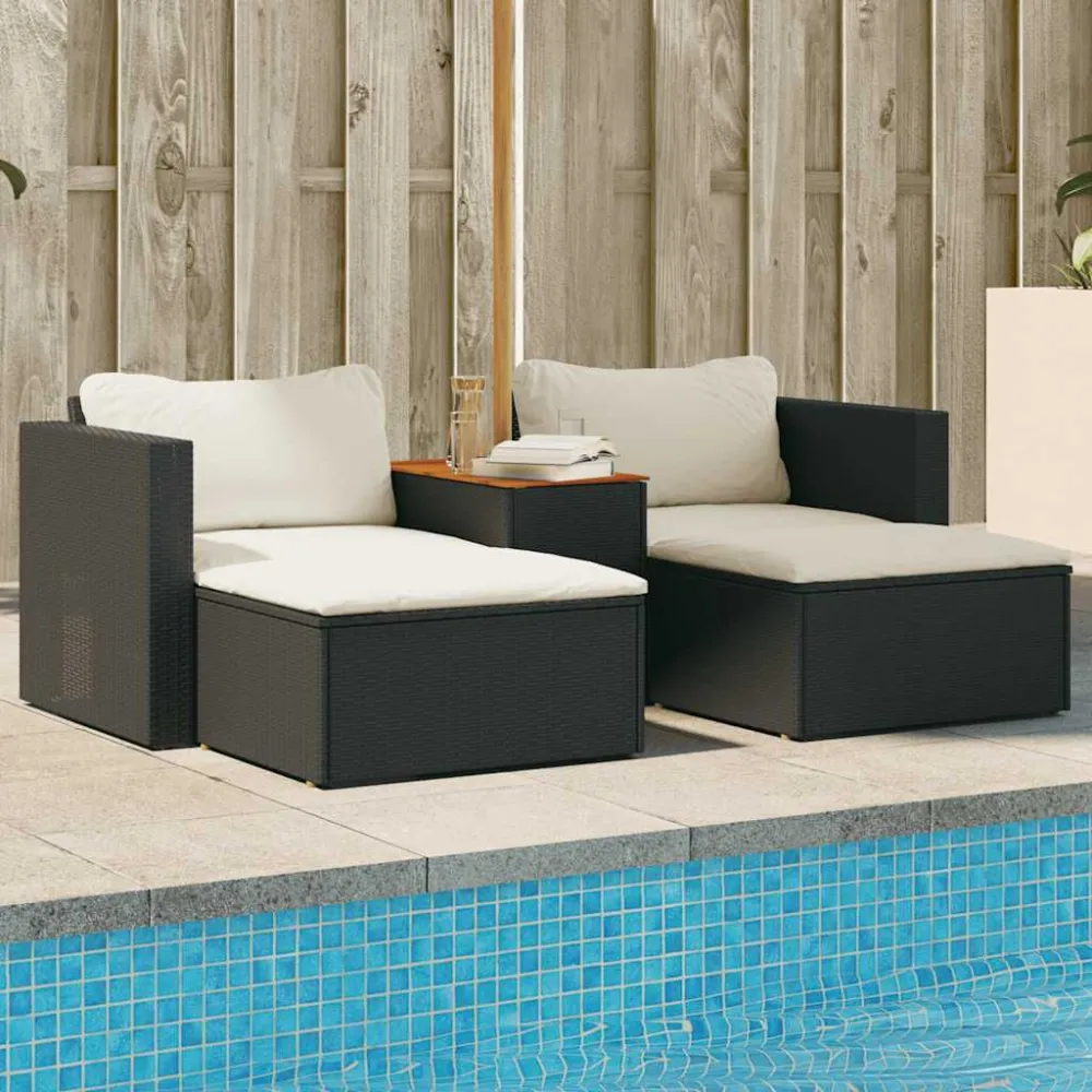 Set Divani da Giardino 5 pz con Cuscini Nero Polyrattan Acacia Easy Storage
