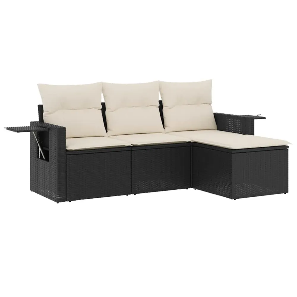 Set Divani da Giardino 4 pz con Cuscini Nero Polyrattan con Rivestimento Tessuto