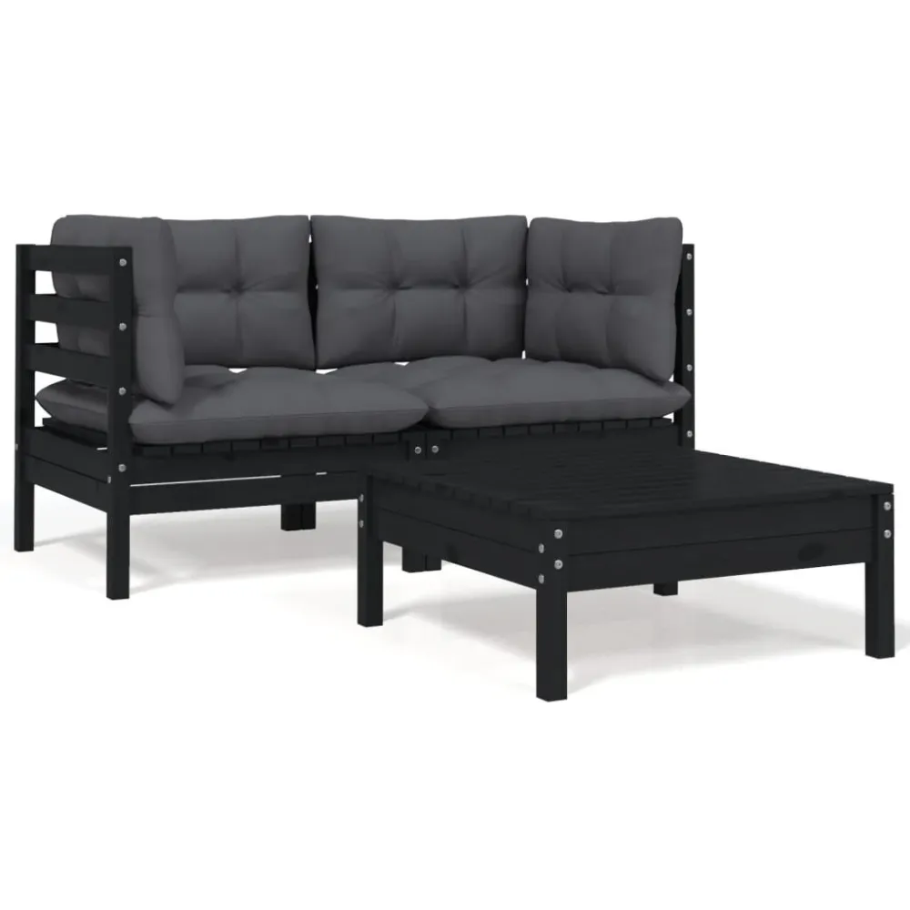 Set Divani da Giardino 3 pz con Cuscini Nero Massello di Pino | Pieghevole e Leggera
