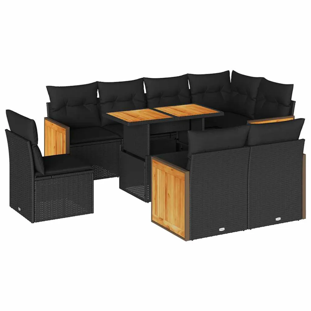 Set Divani da Giardino 9 pz con Cuscini Nero Polyrattan Acacia per Relax all'Aperto