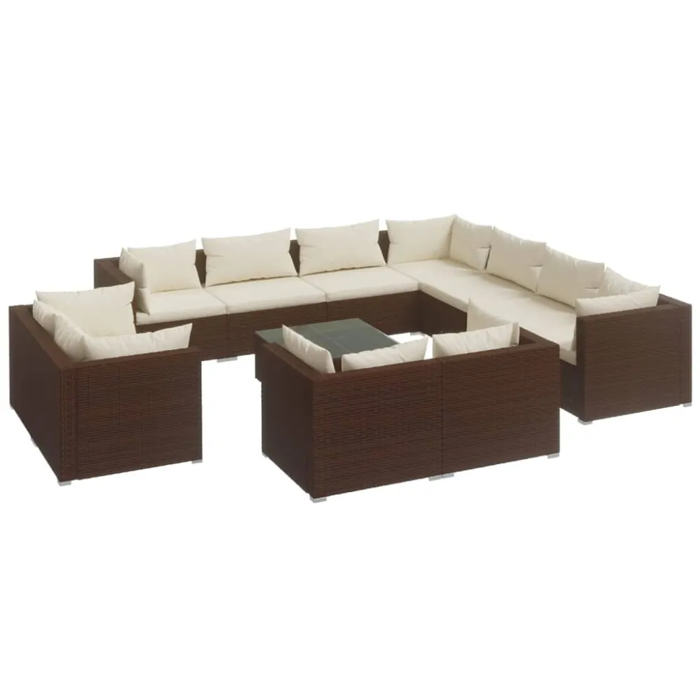 Set Divani da Giardino 12 pz con Cuscini Polyrattan Marrone per Giardino e Spiaggia