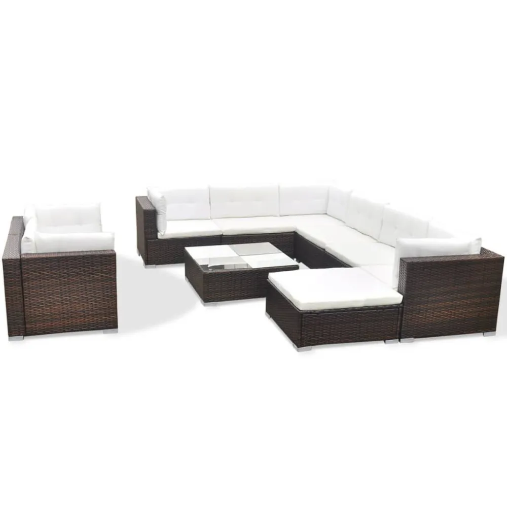 Set Divani da Giardino 10 pz con Cuscini Polyrattan Marrone per Giardino e Spiaggia
