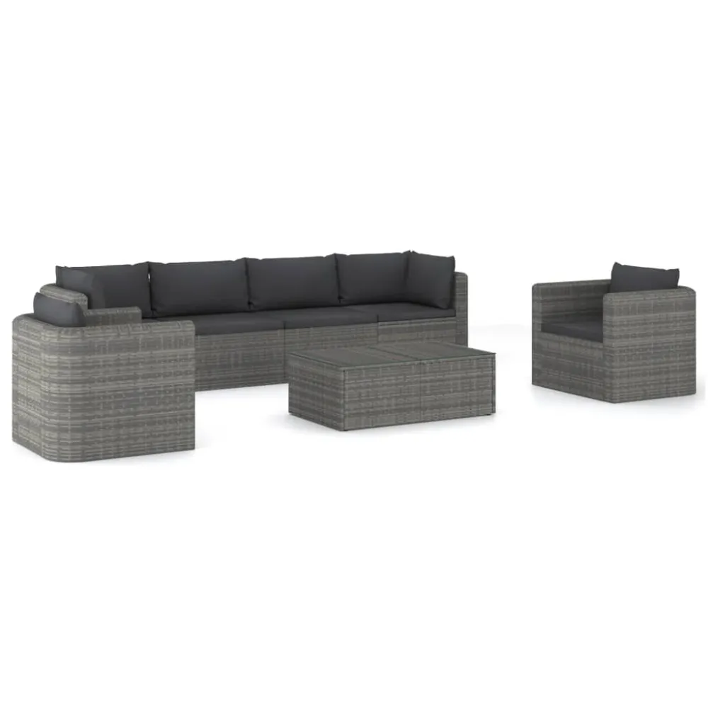 Set Divani da Giardino 7 pz con Cuscini Polyrattan Grigio con Portabicchiere Integrato