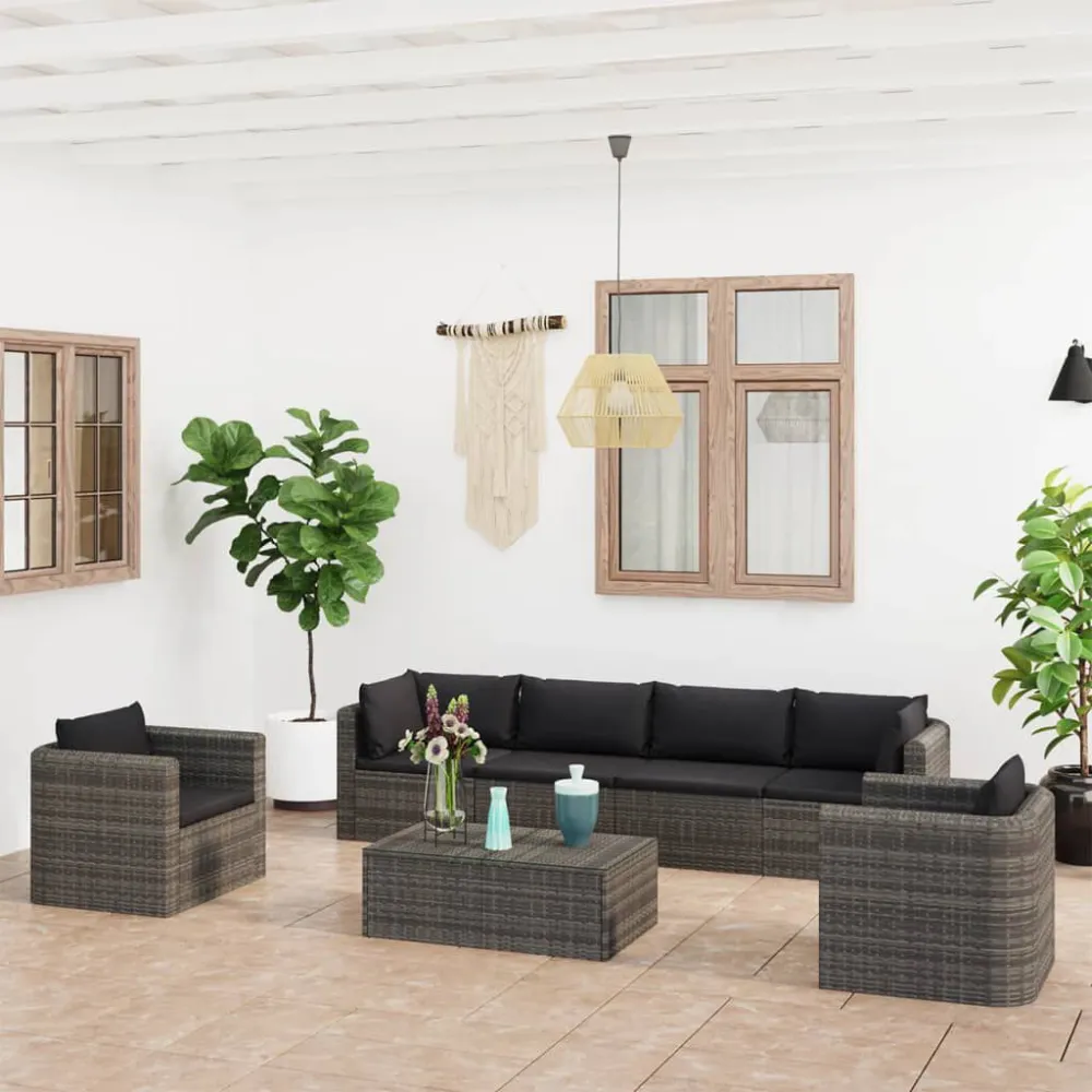 Set Divani da Giardino 7 pz con Cuscini Polyrattan Grigio con Portabicchiere Integrato