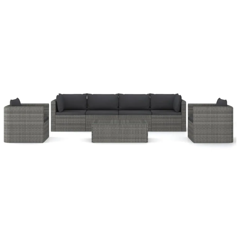 Set Divani da Giardino 7 pz con Cuscini Polyrattan Grigio con Portabicchiere Integrato