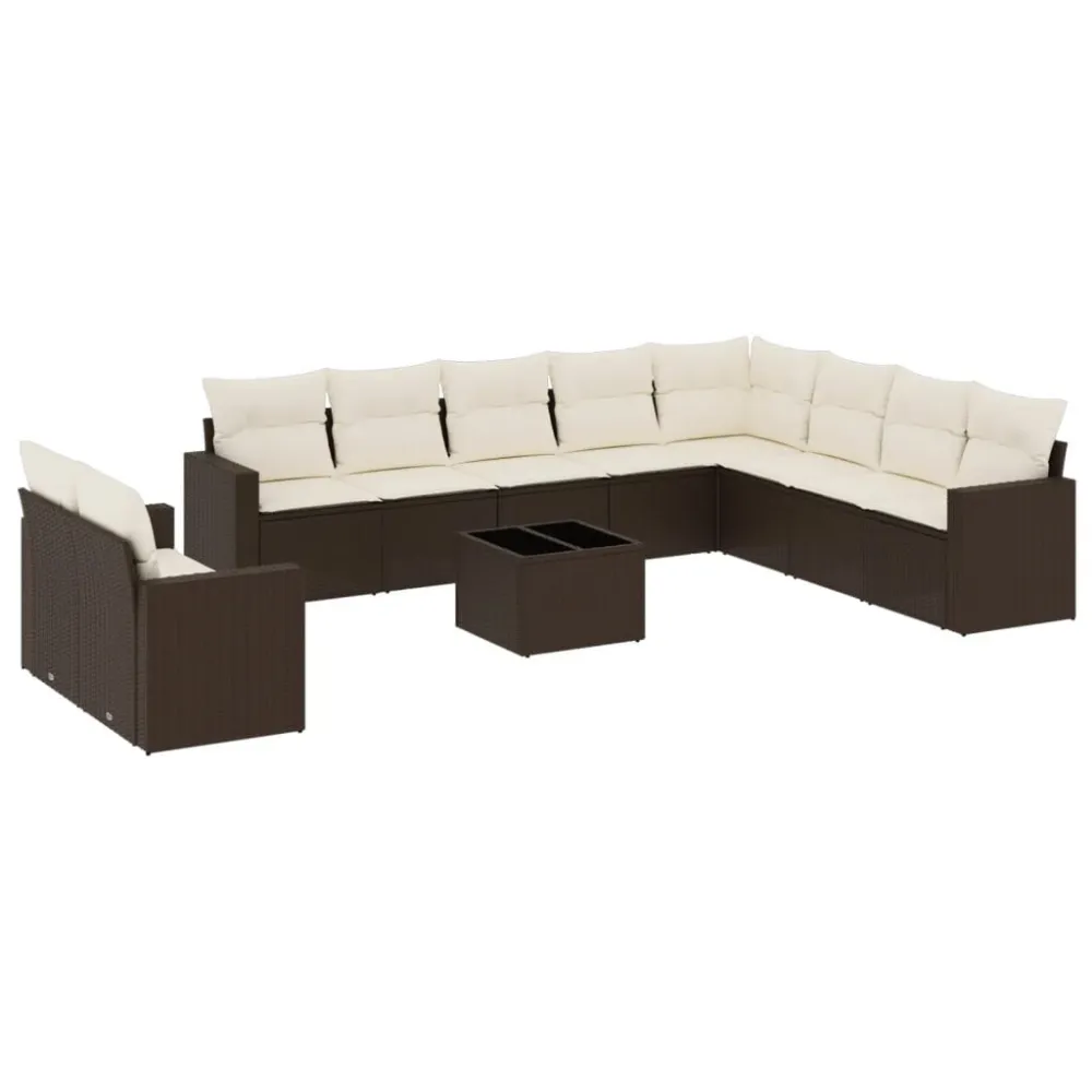 Set Divani da Giardino 11 pz con Cuscini Polyrattan Marrone con Cuscino Estraibile