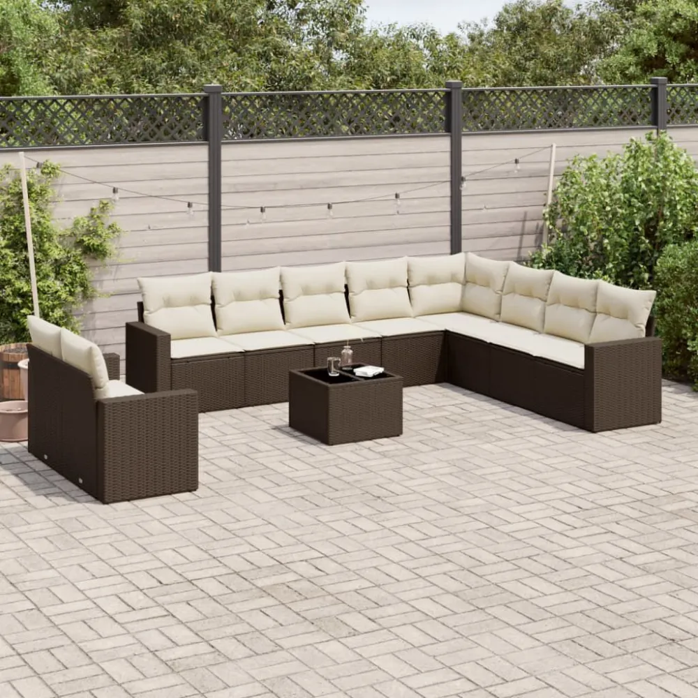 Set Divani da Giardino 11 pz con Cuscini Polyrattan Marrone con Cuscino Estraibile