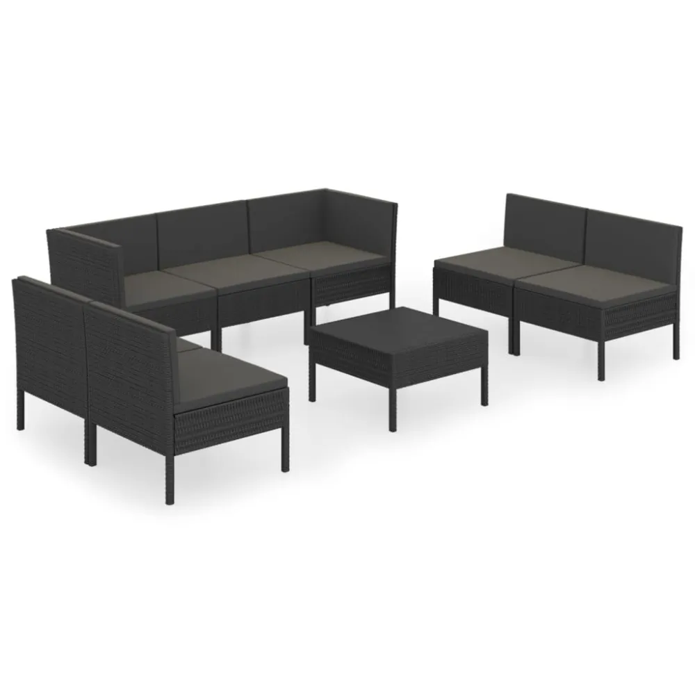 Set Divani da Giardino 8 pz con Cuscini Polyrattan Nero - Impermeabile e UV Resistente