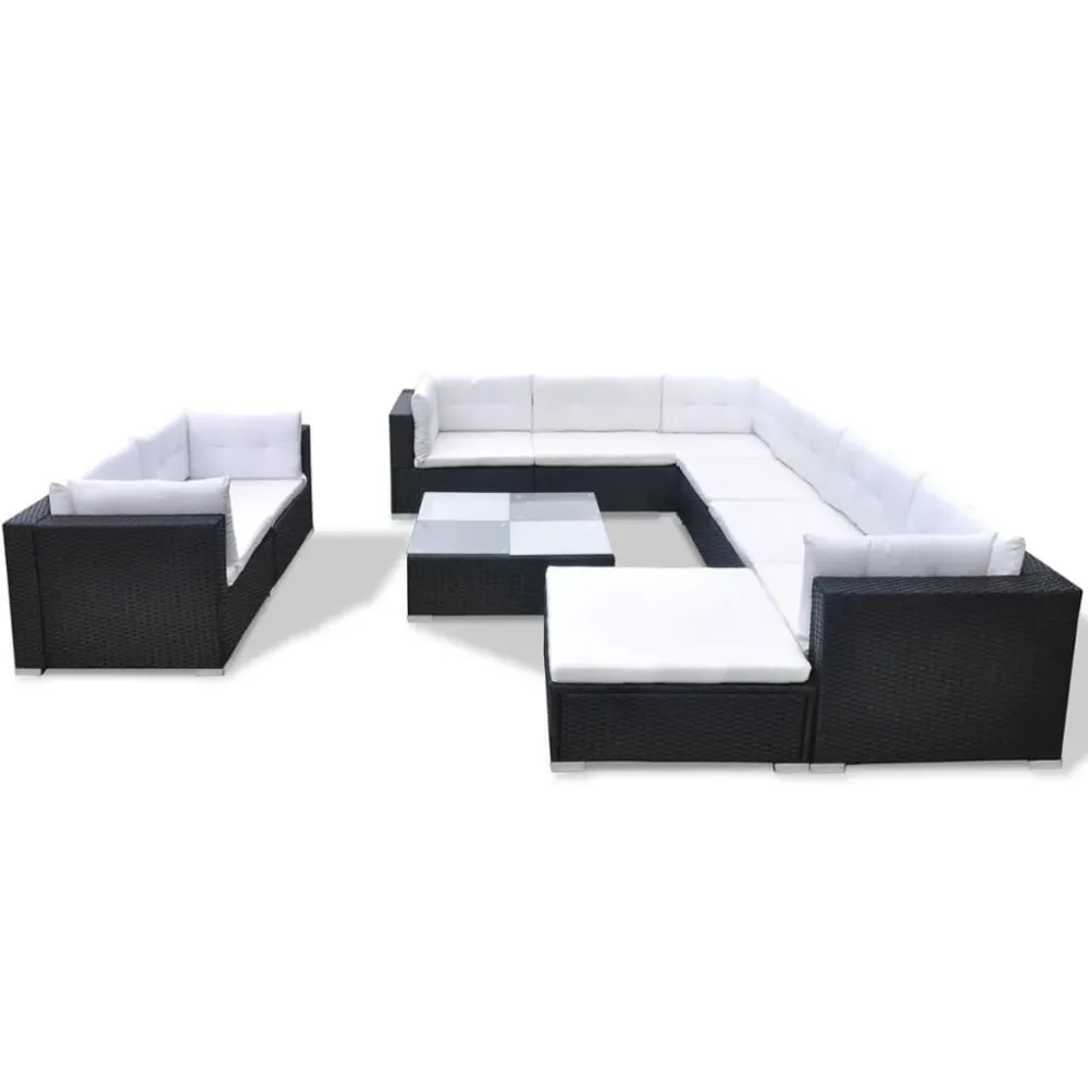 Set Divani da Giardino 10 pz con Cuscini Polyrattan Nero con Portabicchiere Integrato