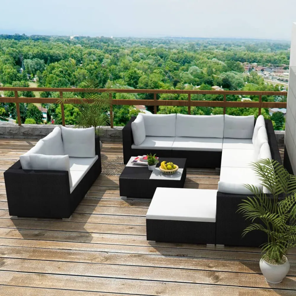 Set Divani da Giardino 10 pz con Cuscini Polyrattan Nero con Portabicchiere Integrato