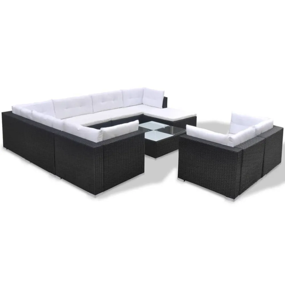 Set Divani da Giardino 10 pz con Cuscini Polyrattan Nero con Portabicchiere Integrato