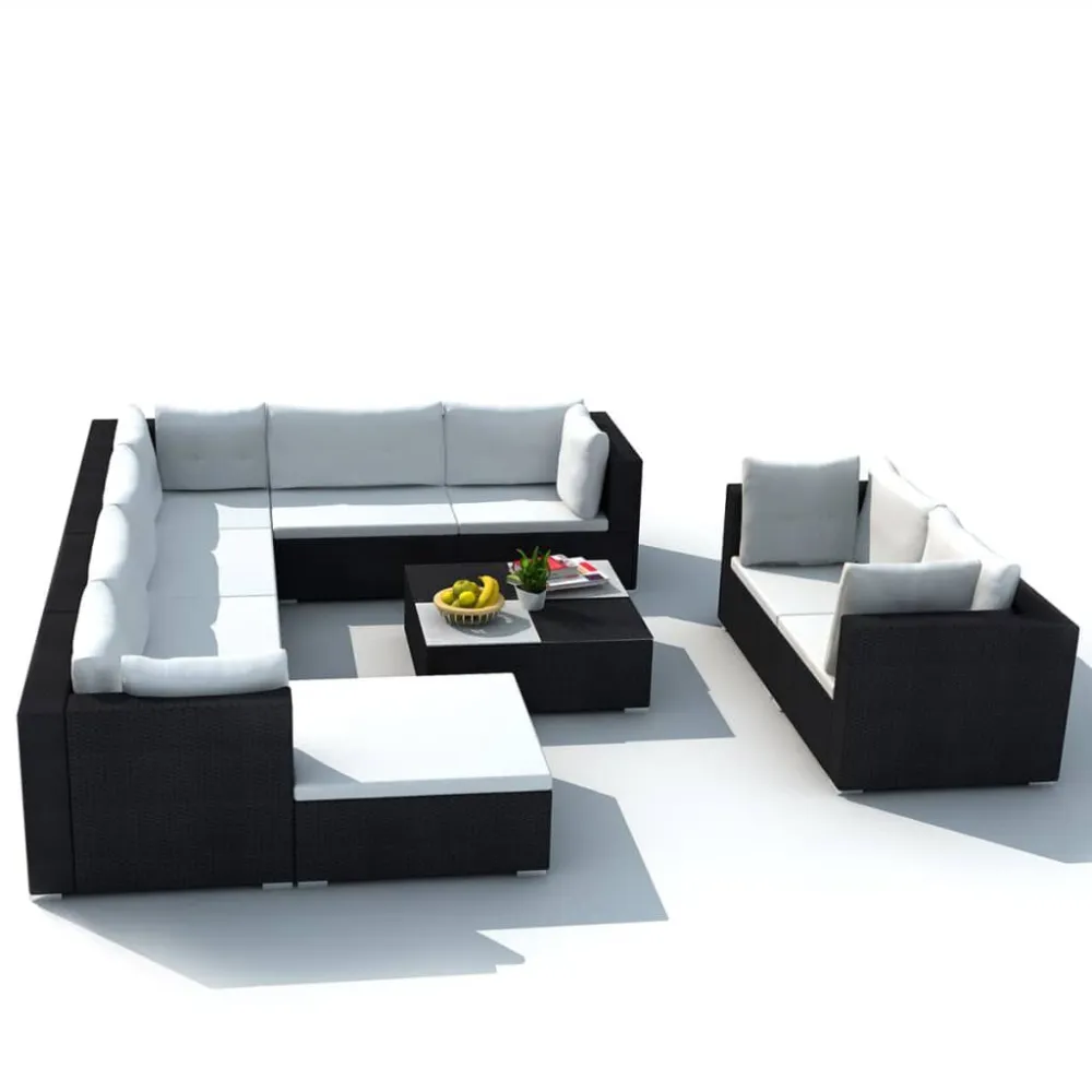 Set Divani da Giardino 10 pz con Cuscini Polyrattan Nero con Portabicchiere Integrato