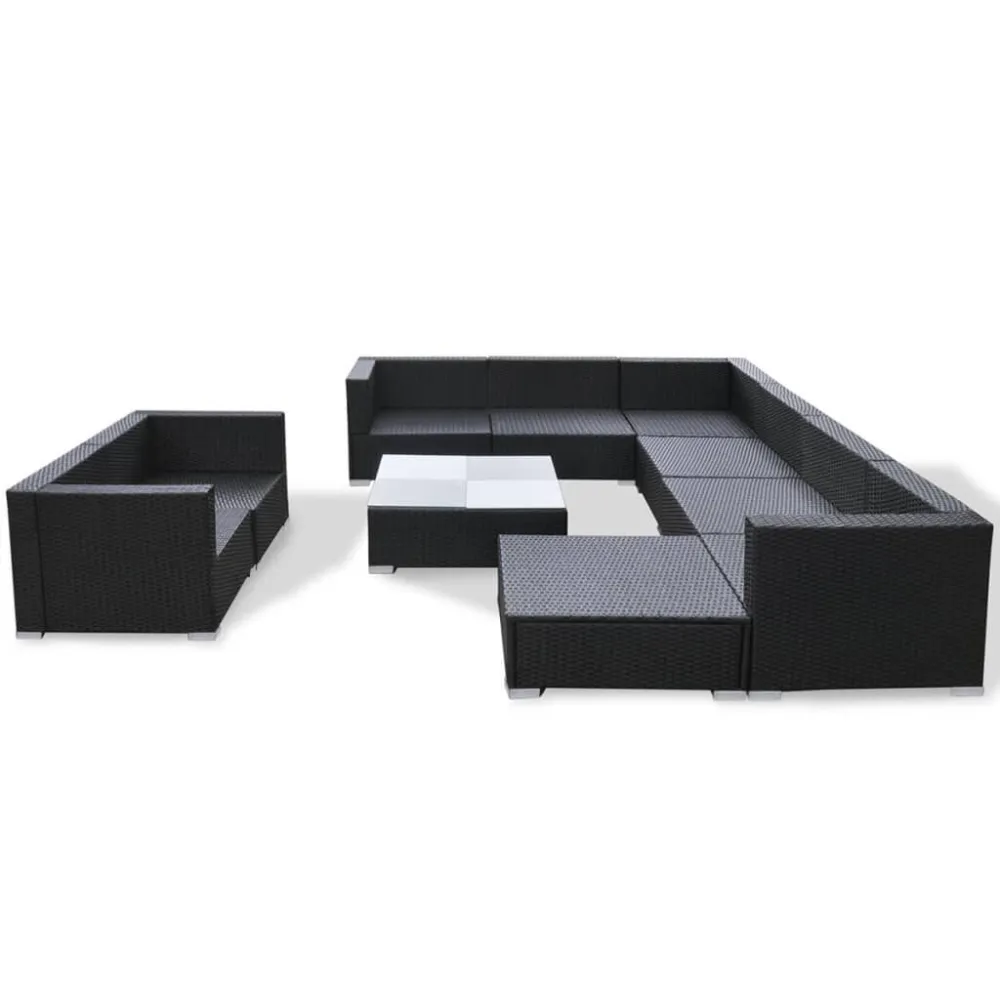 Set Divani da Giardino 10 pz con Cuscini Polyrattan Nero con Portabicchiere Integrato