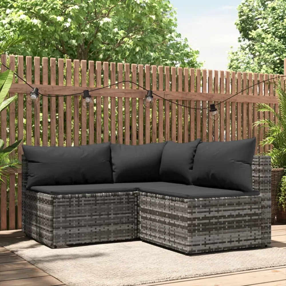 Set Divani da Giardino 3 pz con Cuscini Polyrattan Grigio - Impermeabile e UV Resistente