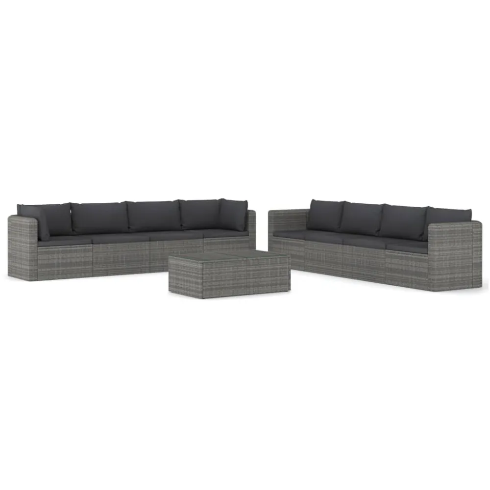 Set Divani da Giardino 9 pz con Cuscini Polyrattan Grigio con Cuscino Estraibile