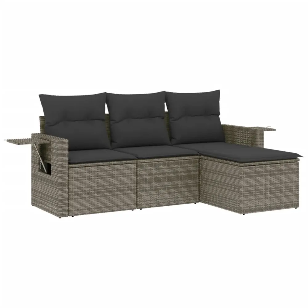Set Divani da Giardino 4 pz con Cuscini Polyrattan Grigio Legno Massello