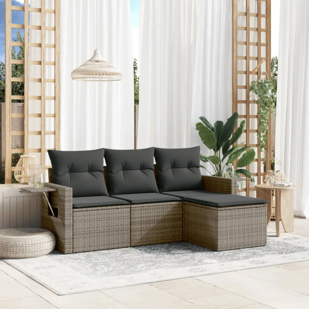 Set Divani da Giardino 4 pz con Cuscini Polyrattan Grigio Legno Massello