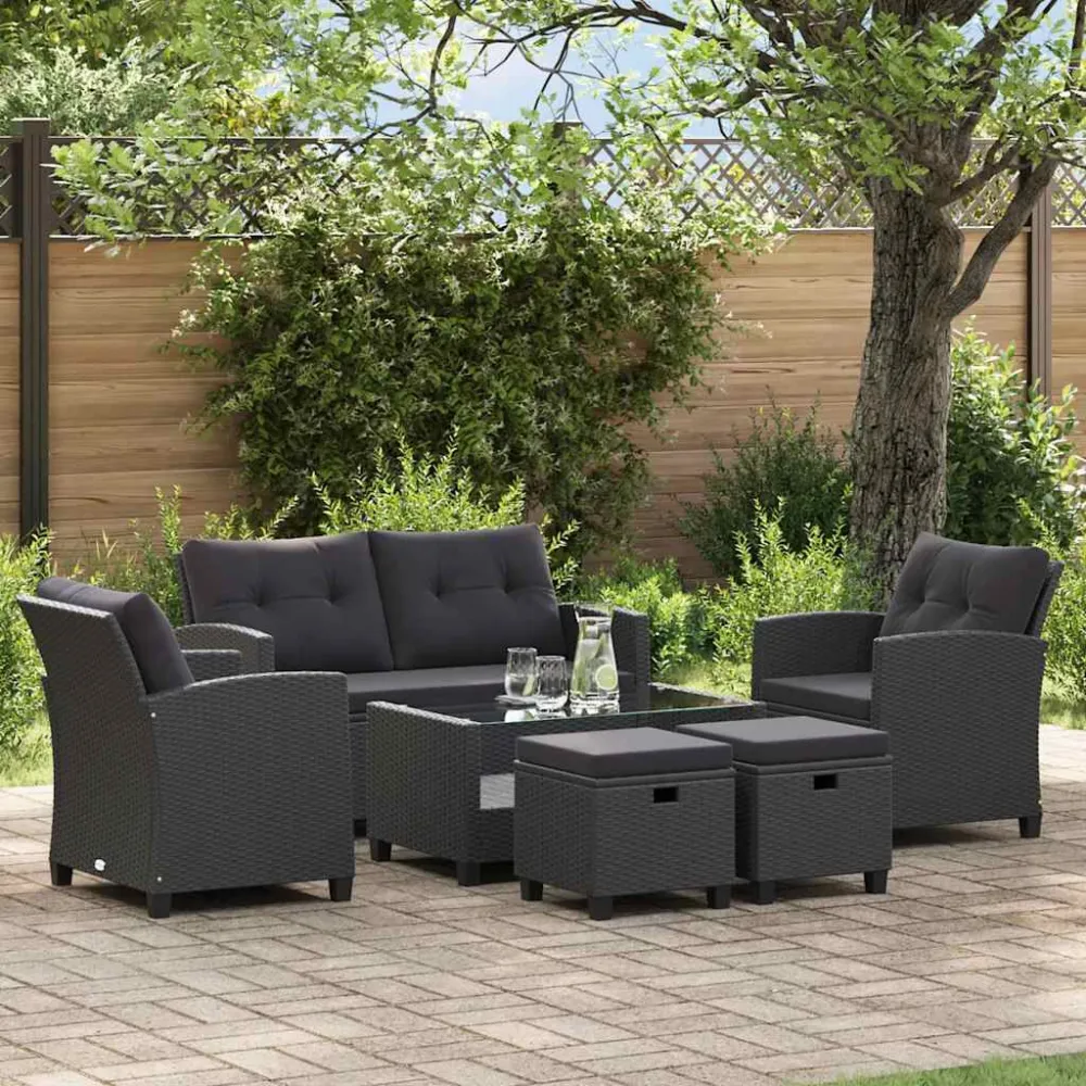 Set Divani da Giardino 6 pz con Cuscini Polyrattan Nero | Pieghevole e Leggera