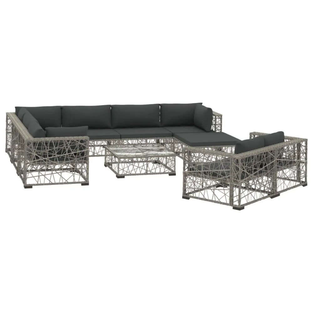 Set Divani da Giardino 10 pz con Cuscini Polyrattan Grigio - Impermeabile e UV Resistente
