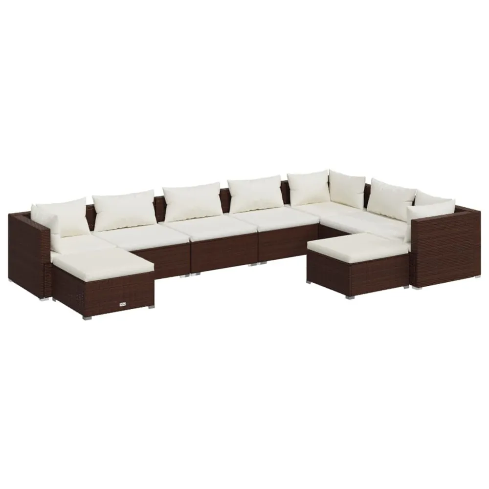 Set Divani da Giardino 9 pz con Cuscini Polyrattan Marrone - Impermeabile e UV Resistente