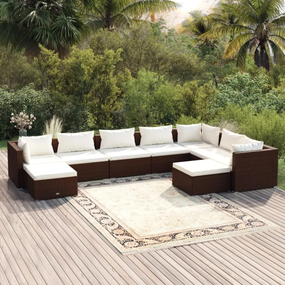 Set Divani da Giardino 9 pz con Cuscini Polyrattan Marrone - Impermeabile e UV Resistente