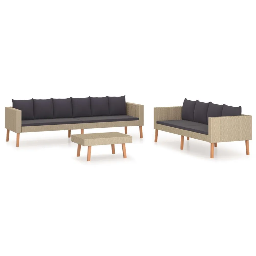 Set Divani da Giardino 3 pz con Cuscini Polyrattan Sabbia - Impermeabile e UV Resistente