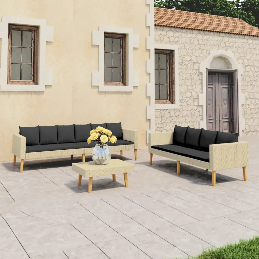 Set Divani da Giardino 3 pz con Cuscini Polyrattan Sabbia - Impermeabile e UV Resistente
