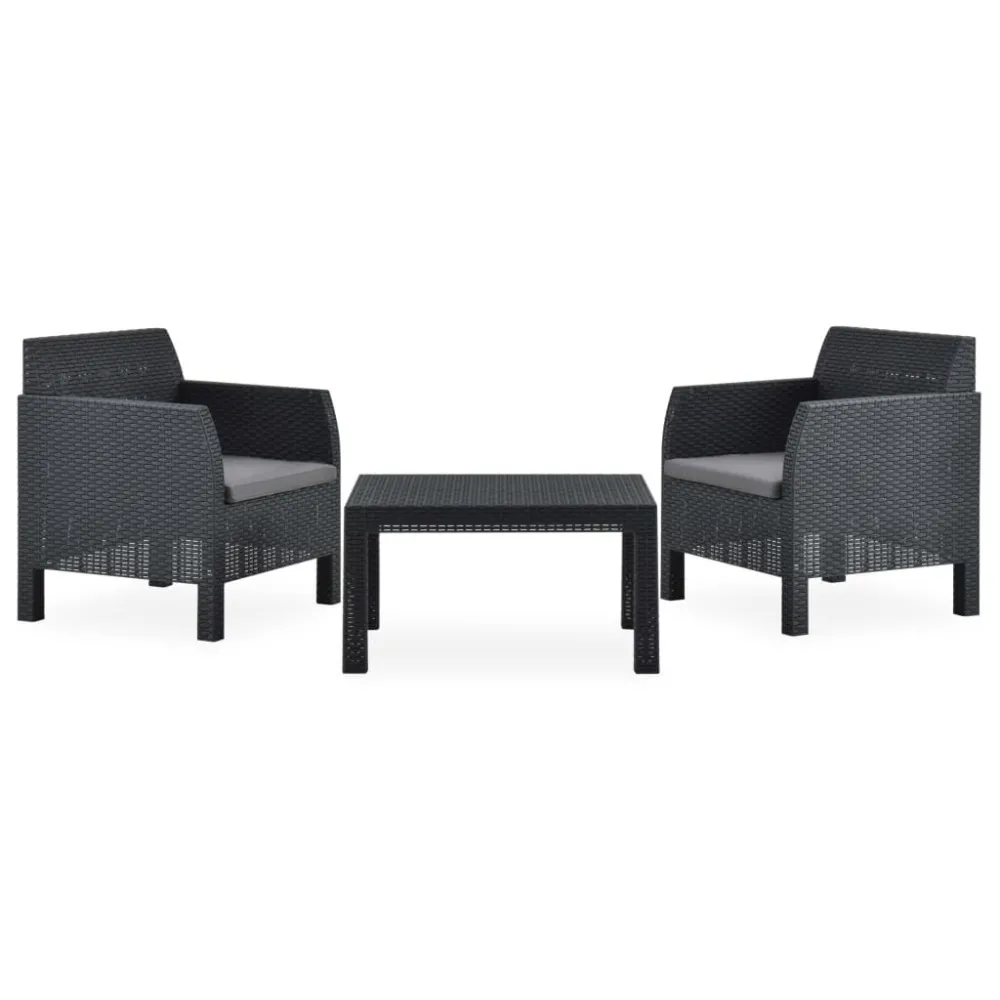 Set Divani da Giardino 3 pz con Cuscini Rattan PP Antracite con Portabicchiere Integrato