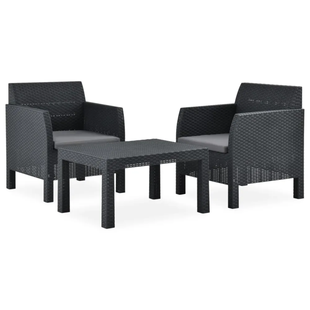 Set Divani da Giardino 3 pz con Cuscini Rattan PP Antracite con Portabicchiere Integrato