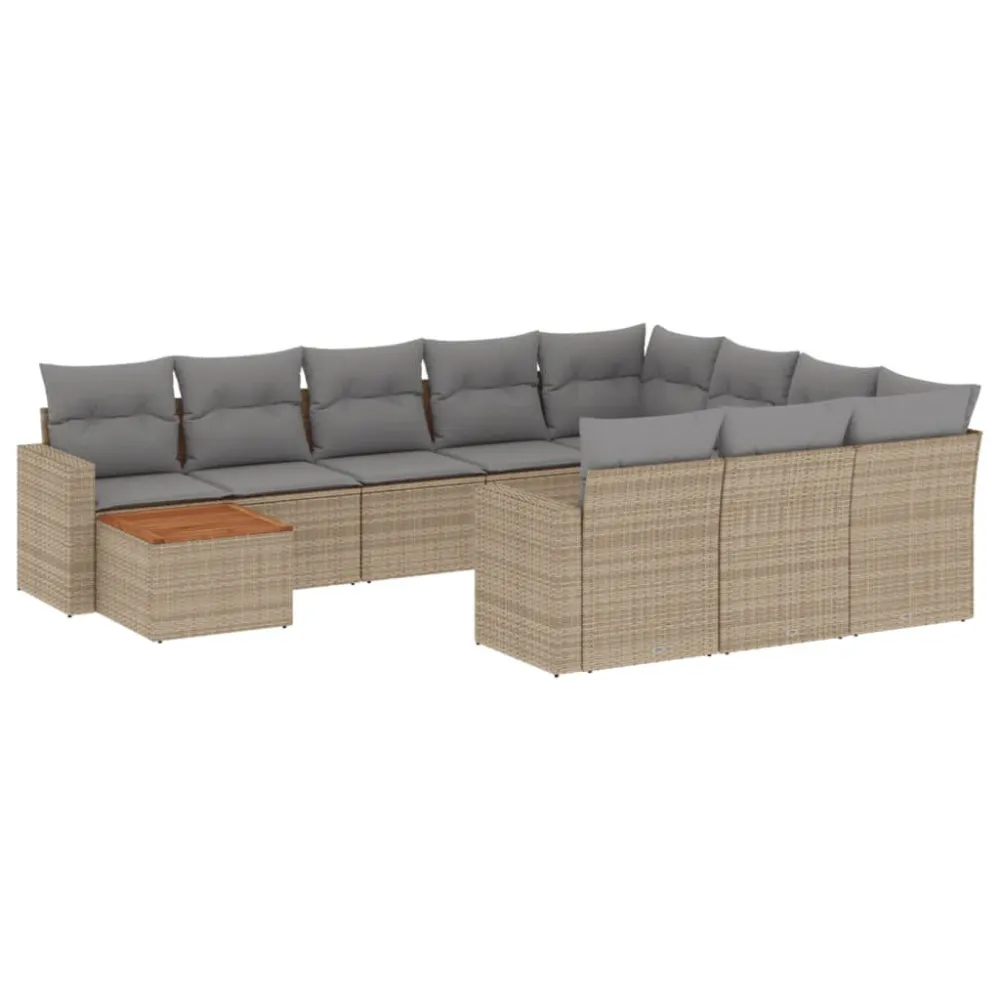 Set Divani da Giardino 11 pz con Cuscini Sabbia Polyrattan Legno Massello