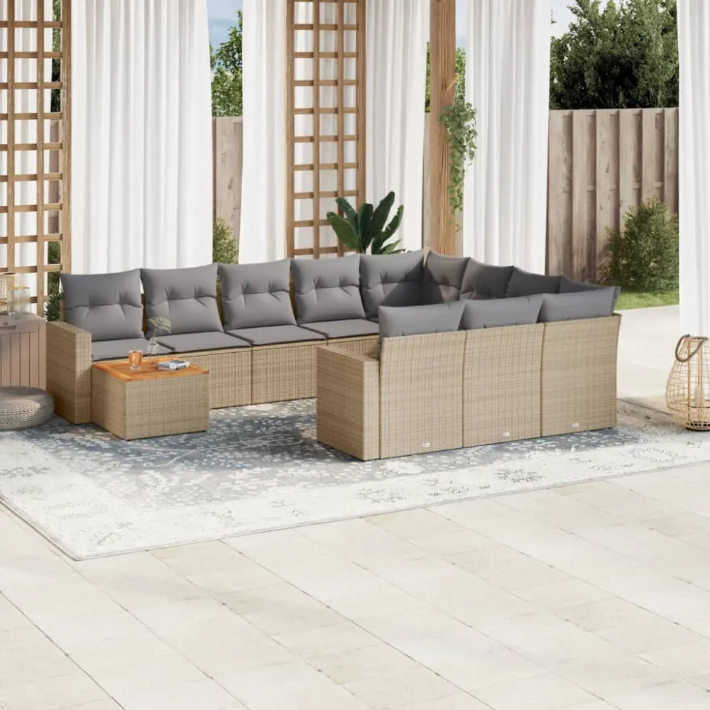 Set Divani da Giardino 11 pz con Cuscini Sabbia Polyrattan Legno Massello