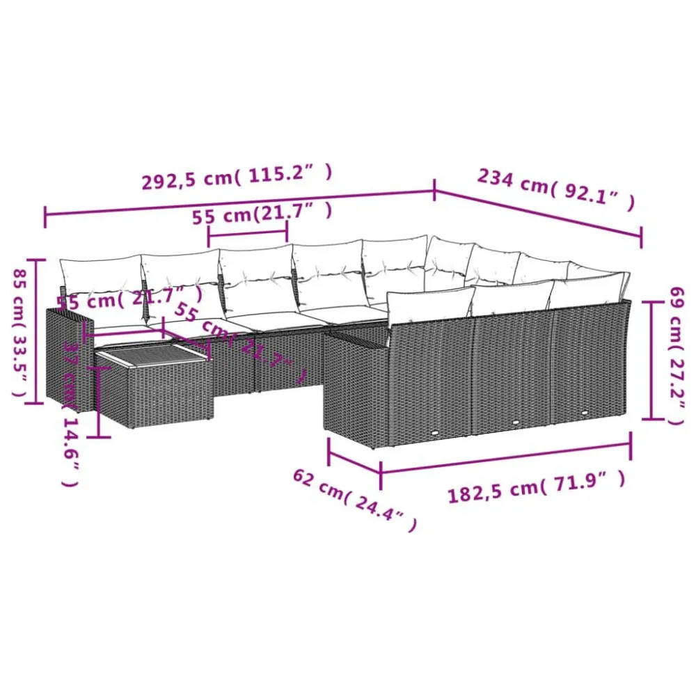 Set Divani da Giardino 11 pz con Cuscini Sabbia Polyrattan Legno Massello