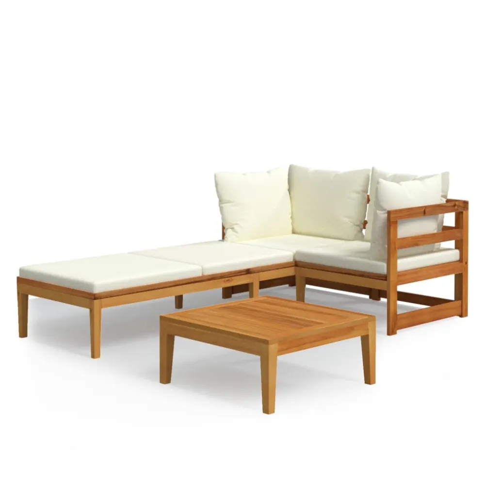 Set Divani Giardino 3 pz Cuscini Bianco Crema Legno d'Acacia con Cuscino Estraibile