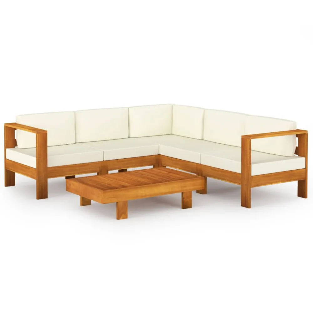 Set Divani Giardino 6 pz Cuscini Bianco Crema Legno d'Acacia Easy Storage