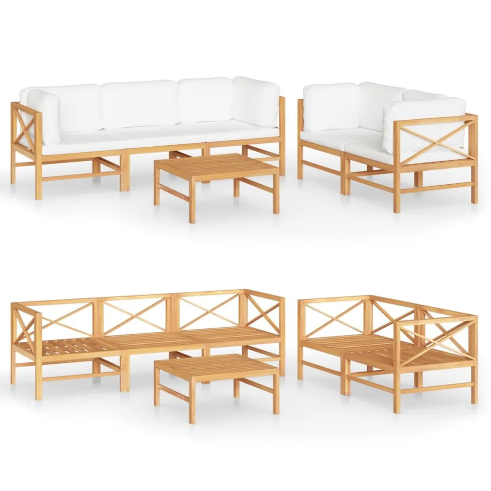 Set Divani da Giardino 6 pz Cuscini Crema Legno Massello di Teak con Portabicchiere Integrato