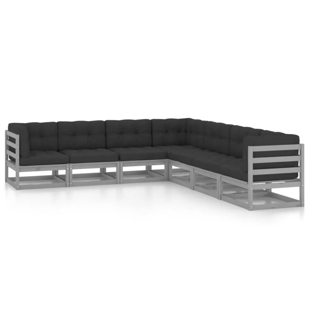 Set Divani da Giardino 7 pz Grigio Cuscini Massello di Pino con Struttura Acciaio