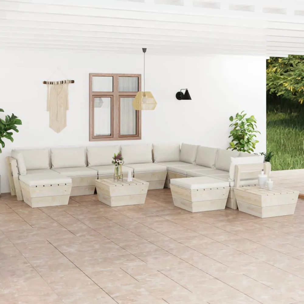 Set Divani da Giardino su Pallet 12 pz con Cuscini Legno Abete Legno Massello