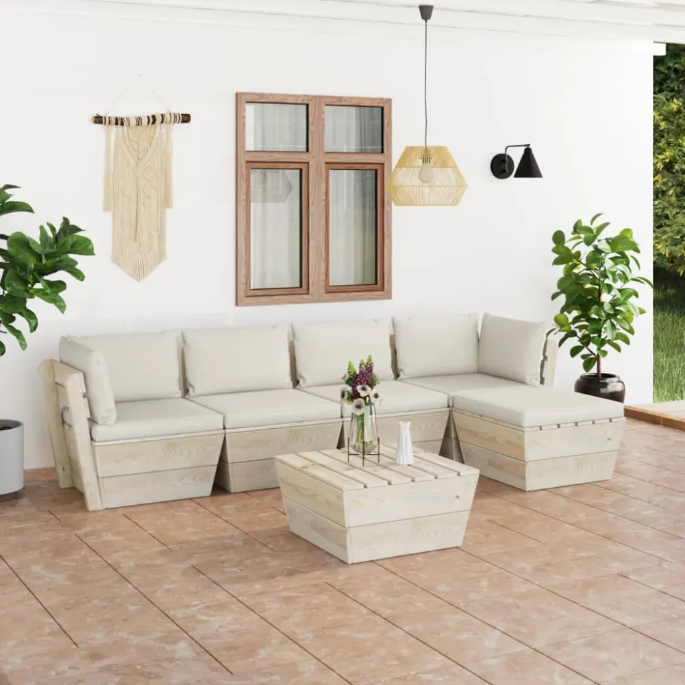 Set Divani da Giardino su Pallet 6 pz con Cuscini Legno Abete per Giardino e Spiaggia