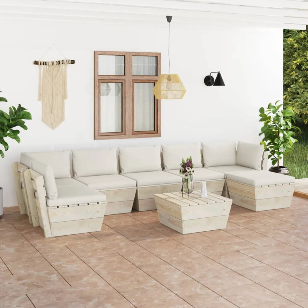 Set Divani da Giardino su Pallet 8 pz con Cuscini Legno Abete con Cuscino Estraibile