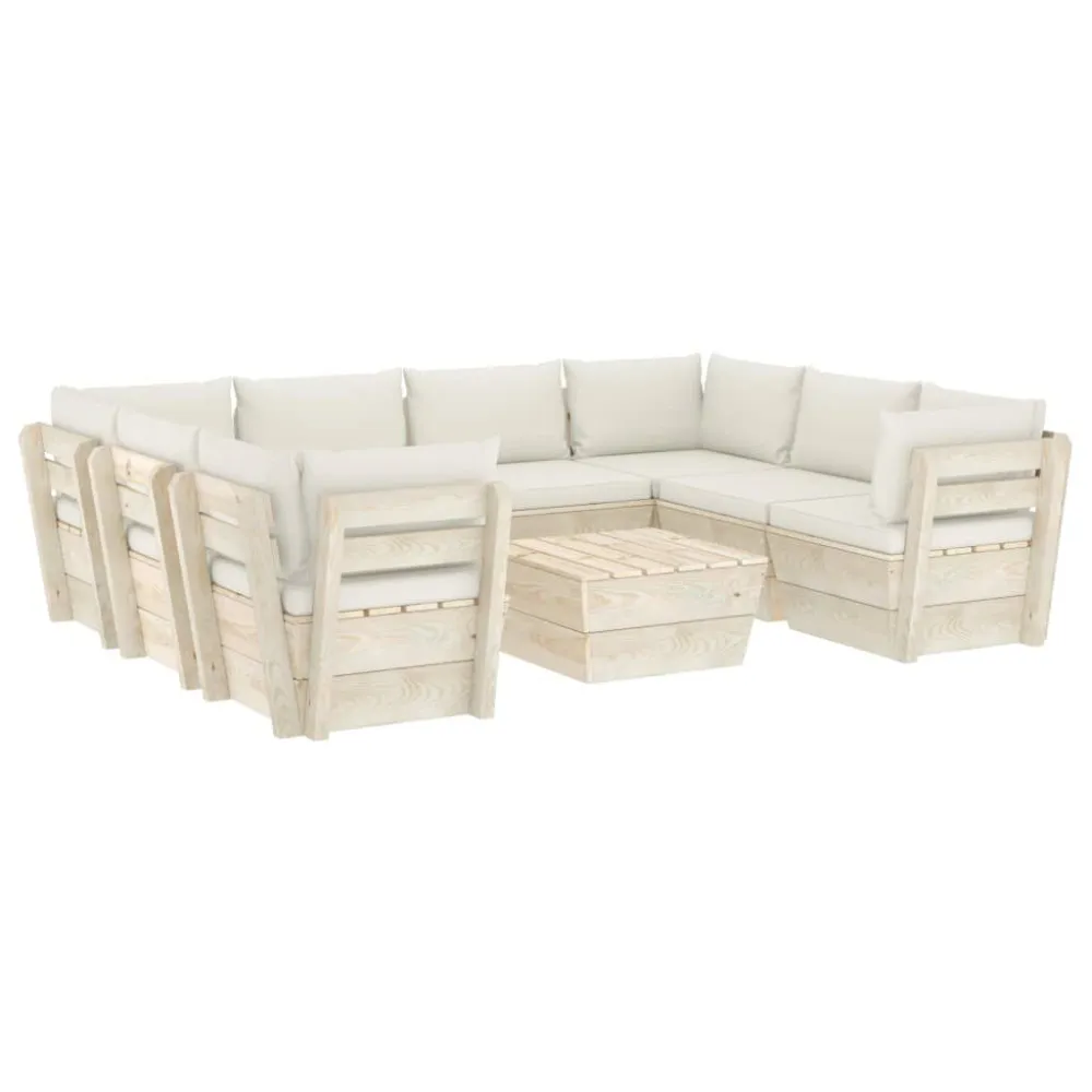 Set Divani da Giardino su Pallet 9 pz con Cuscini Legno Abete - Impermeabile e UV Resistente