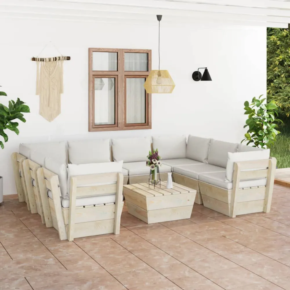 Set Divani da Giardino su Pallet 9 pz con Cuscini Legno Abete - Impermeabile e UV Resistente