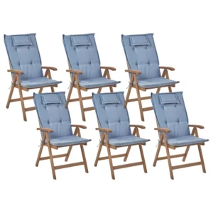 Set 6 Garden Chairs Cushions AMANTEA Acacia Wood Blue