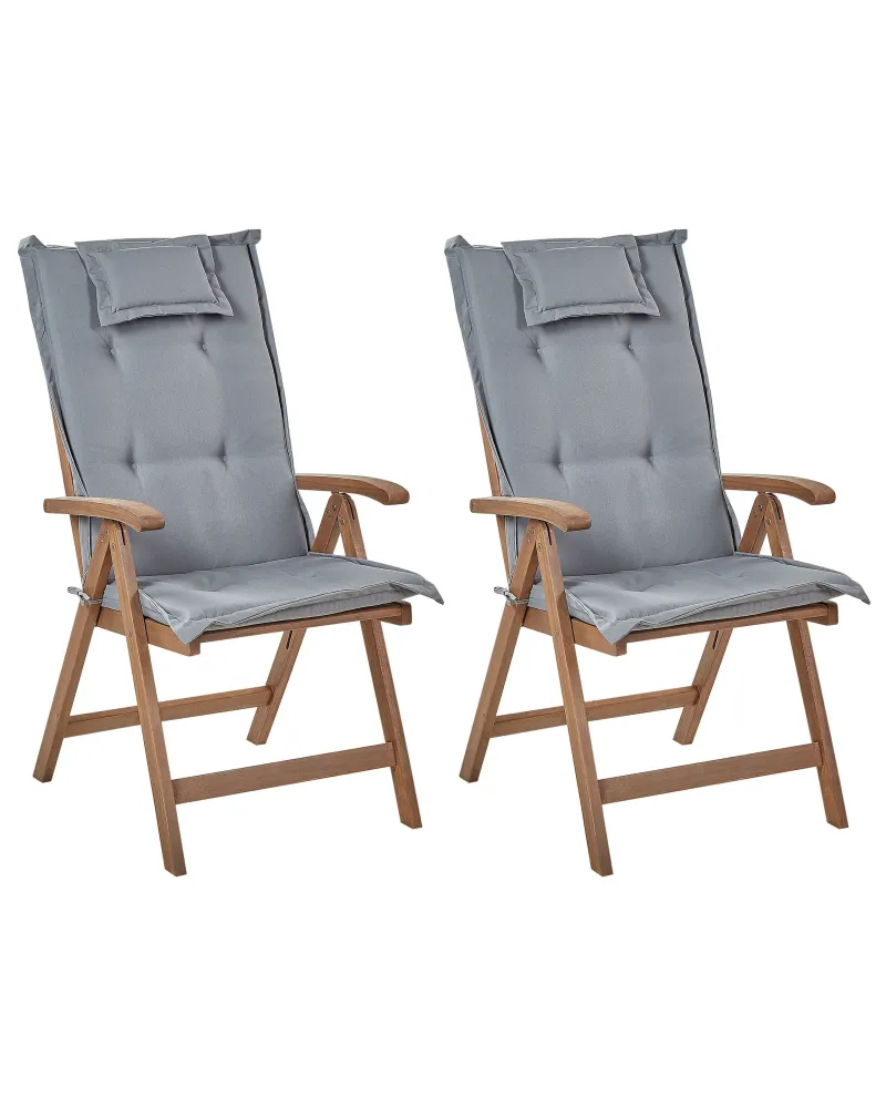 Set 2 Garden Chairs Cushions AMANTEA Acacia Wood Grey Legno Massello
